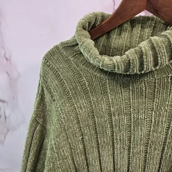Vintage Y2K Sweater Women 3X Green Chenille Cable Knit Turtleneck Oversized - Picture 2 of 14